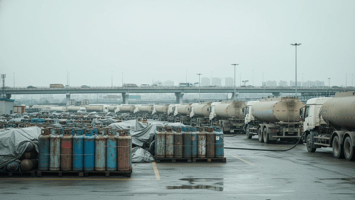 An industrial scene with stacks of blue and red LPG cylinders in the foreground, and a line of fuel tankers behind them.