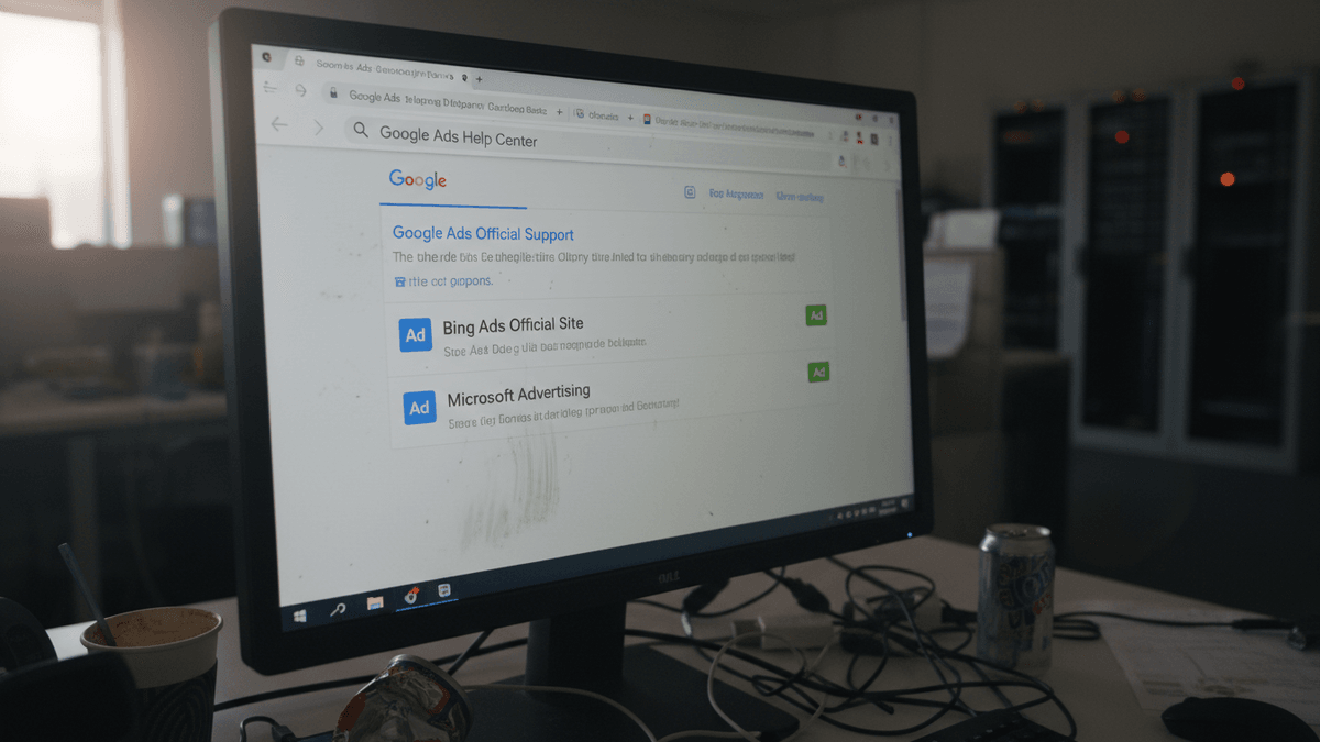 A Dell computer monitor shows a Google search page with ads for "Bing Ads Official Site" and "Microsoft Advertising." A partially consumed drink can and crumpled paper are visible on the desk.