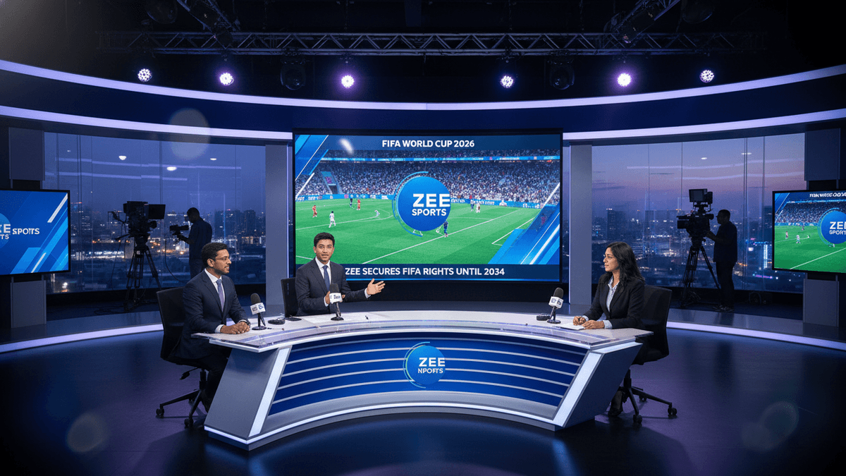 A high-tech sports broadcast studio with a large central screen displaying a football match and the "Zee Sports" logo. Two anchors and a guest are seated at a curved desk with logos.