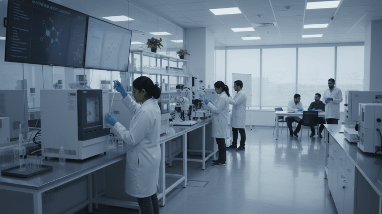 A wide shot of a clean, modern laboratory with several scientists in white lab coats performing experiments.