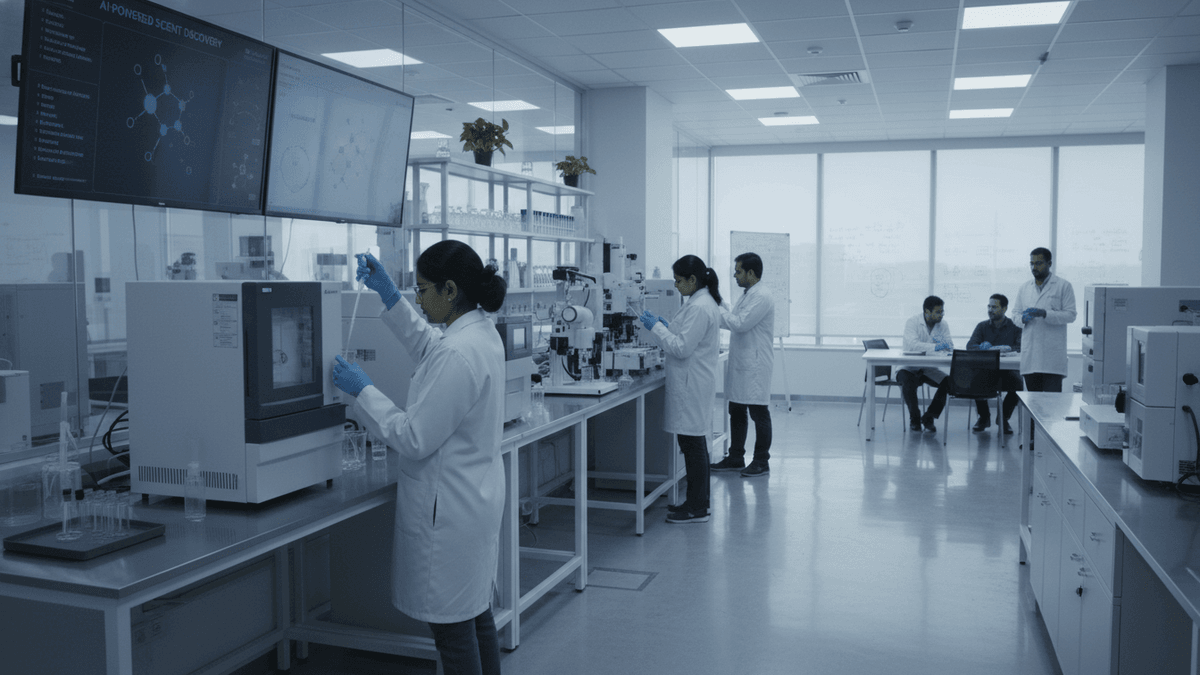 A wide shot of a clean, modern laboratory with several scientists in white lab coats performing experiments.