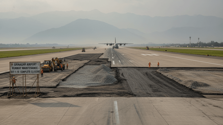 A wide shot of an airport runway with construction work in progress, mountains in the hazy distance, and a large cargo plane approaching.