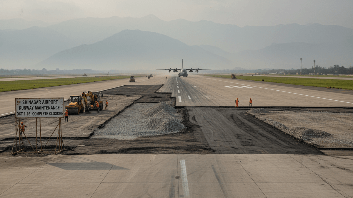 A wide shot of an airport runway with construction work in progress, mountains in the hazy distance, and a large cargo plane approaching.
