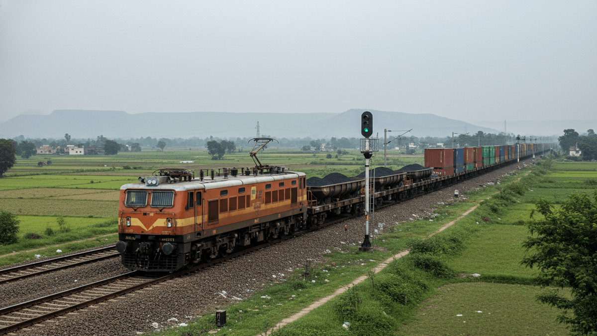 A long Indian Railways freight train moves on tracks through green fields under an overcast sky, with a signal post.