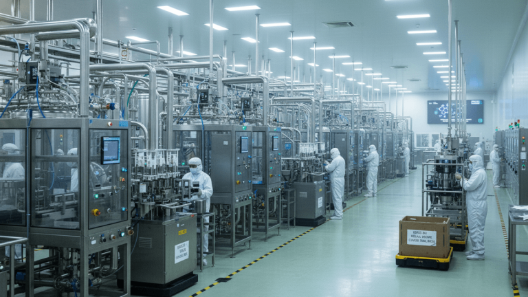A wide shot of a pharmaceutical manufacturing cleanroom with multiple stainless steel bioreactors and automated filling machines. Workers in full white sterile suits are present at several stations along the assembly line.