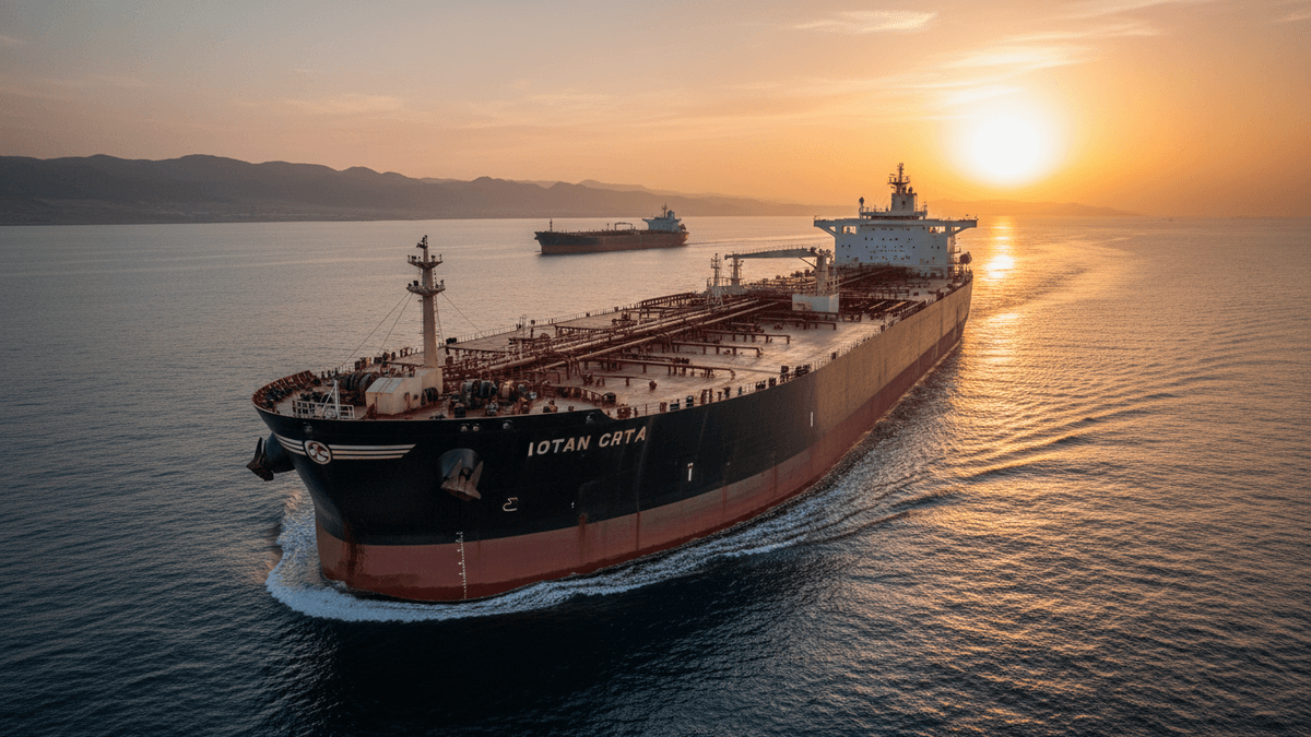 An aerial view shows two massive oil tankers navigating calm waters under a vibrant sunset with mountains in the distance.