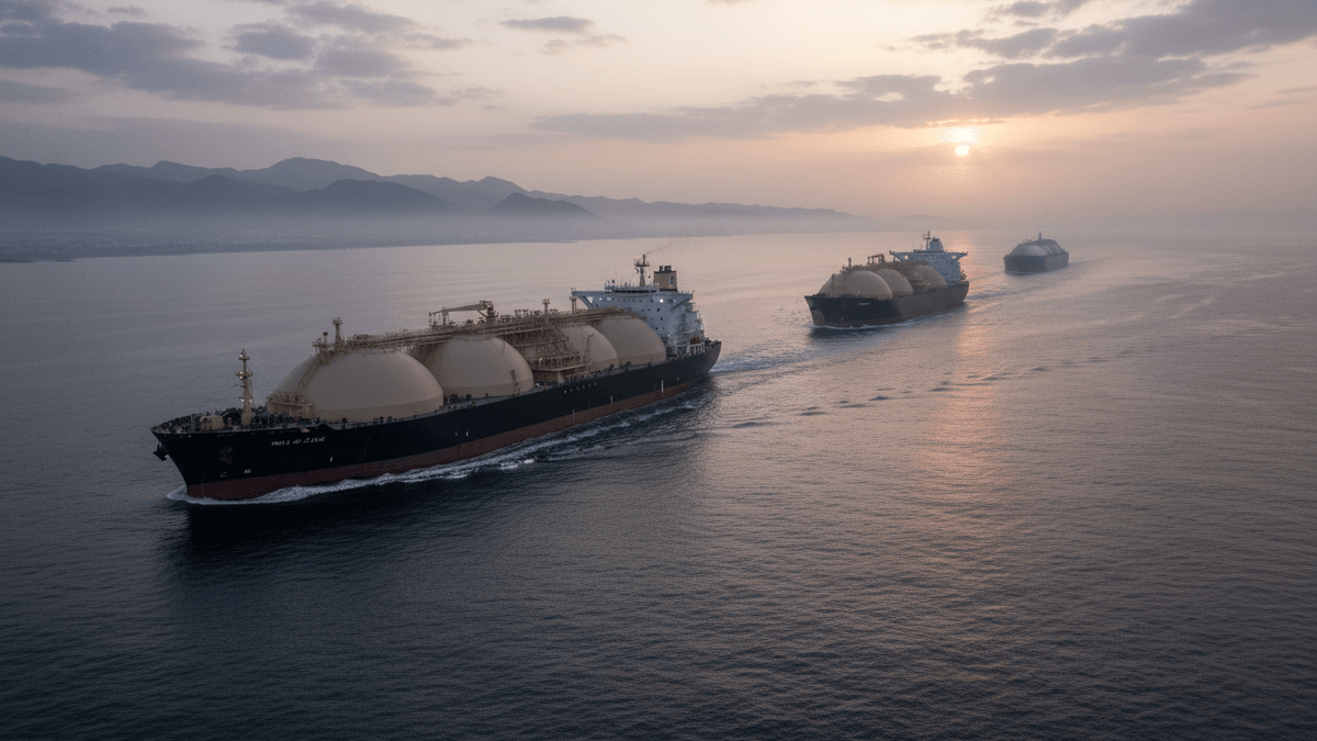 Three large LNG carriers are moving in a line through calm ocean water under a hazy sunrise. Mountains line the distant coast.
