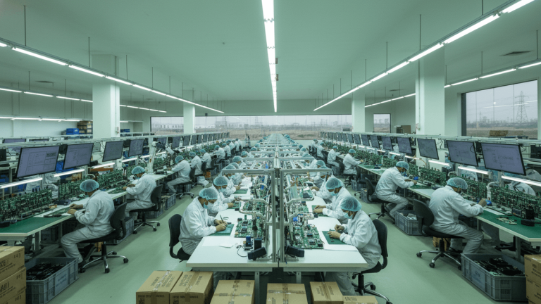 A wide shot of a large, brightly lit factory floor with rows of workers in cleanroom suits assembling circuit boards.
