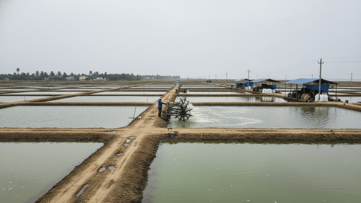 An aerial shot of numerous square shrimp farming ponds, separated by dirt paths, extending into the distance under a grey sky.