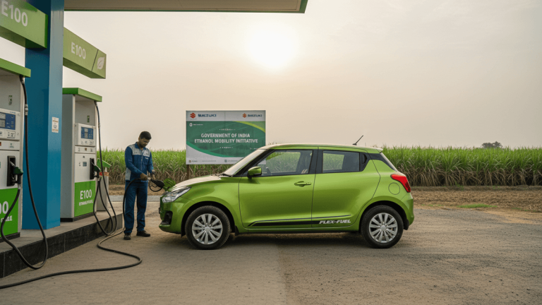 A man in a blue uniform refuels a lime green Maruti Suzuki hatchback at an E100 ethanol pump, with sugarcane fields and a setting sun in the background.