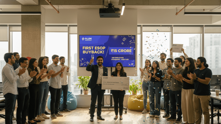 A group of diverse employees clapping and cheering in a modern office, celebrating an ESOP buyback.