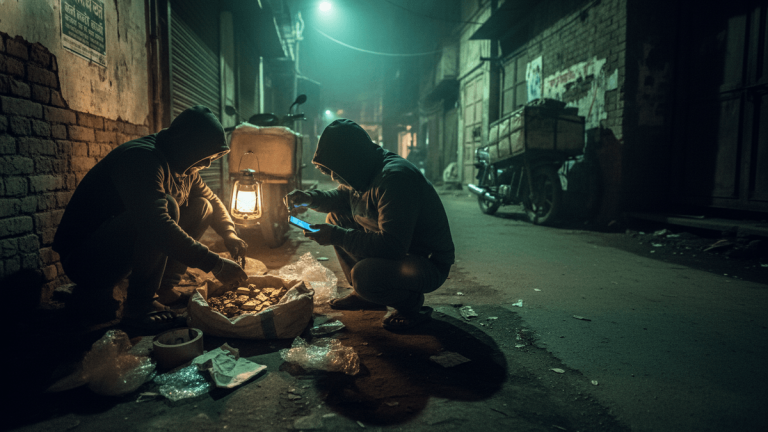 Two hooded men crouch in a dimly lit alley at night, one illuminated by a lantern, examining gold coins in a bag.