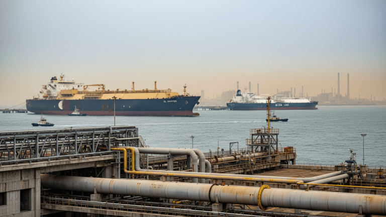 Two massive LNG carriers docked at a port with extensive industrial infrastructure and a distant skyline of factories.
