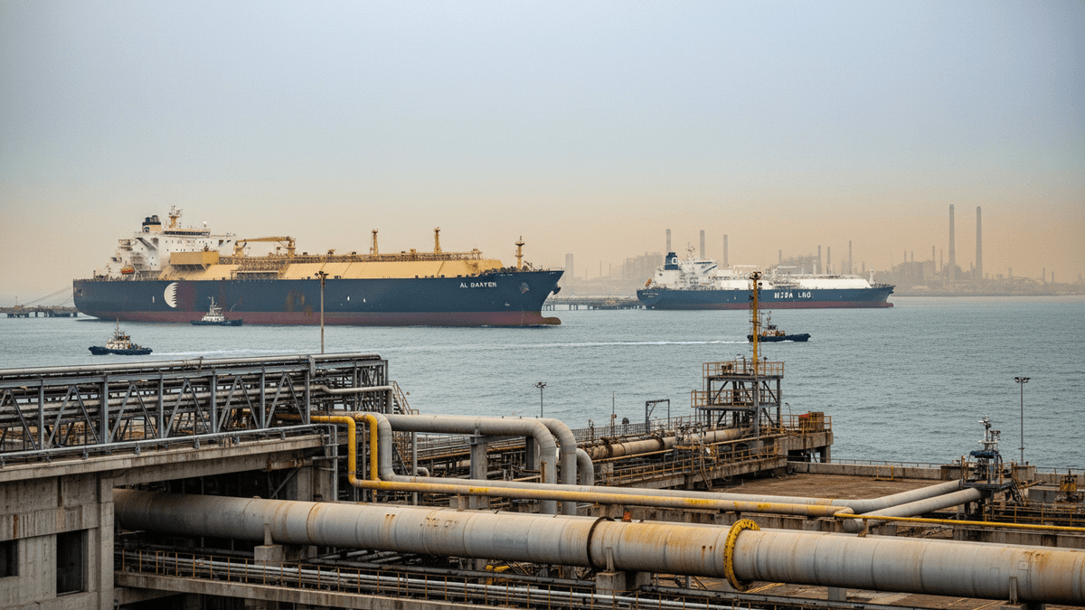 Two massive LNG carriers docked at a port with extensive industrial infrastructure and a distant skyline of factories.