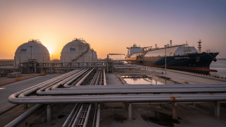 An LNG terminal at sunset, showing two large white spherical storage tanks, a complex network of pipelines, and a large LNG tanker docked alongside a pier.