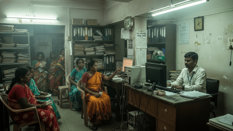 An Indian microfinance office with a male loan officer at a desk and several women clients waiting or interacting.