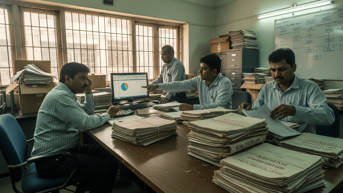 Four men in an Indian back-office, surrounded by stacks of paper files, one pointing at a computer screen displaying a pie chart.