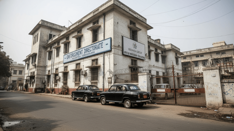 Exterior shot of a weathered white building with "Enforcement Directorate" and "Vedanta Group" signs. Two black vintage cars are parked roadside.