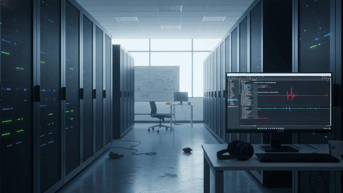 A long corridor of server racks with blinking green and blue lights, leading to a bright window and whiteboard. In the foreground, a computer monitor on a desk shows a complex data visualization of voice AI information with red and green waveforms, headphones are placed beside the monitor.