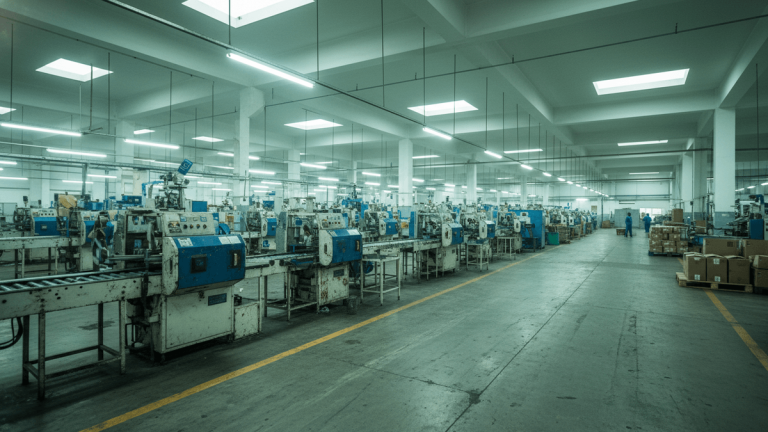 Wide shot of a clean, brightly lit factory floor with long lines of idle blue and white production machines, few workers visible.