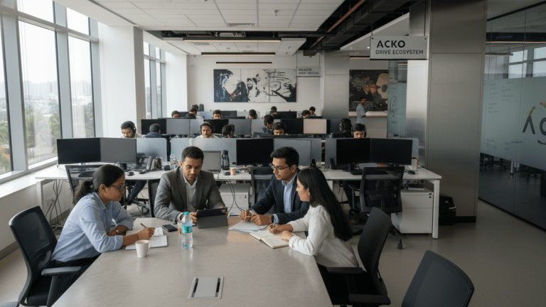 An open-plan office with employees at desks, four people seated around a conference table in the foreground.