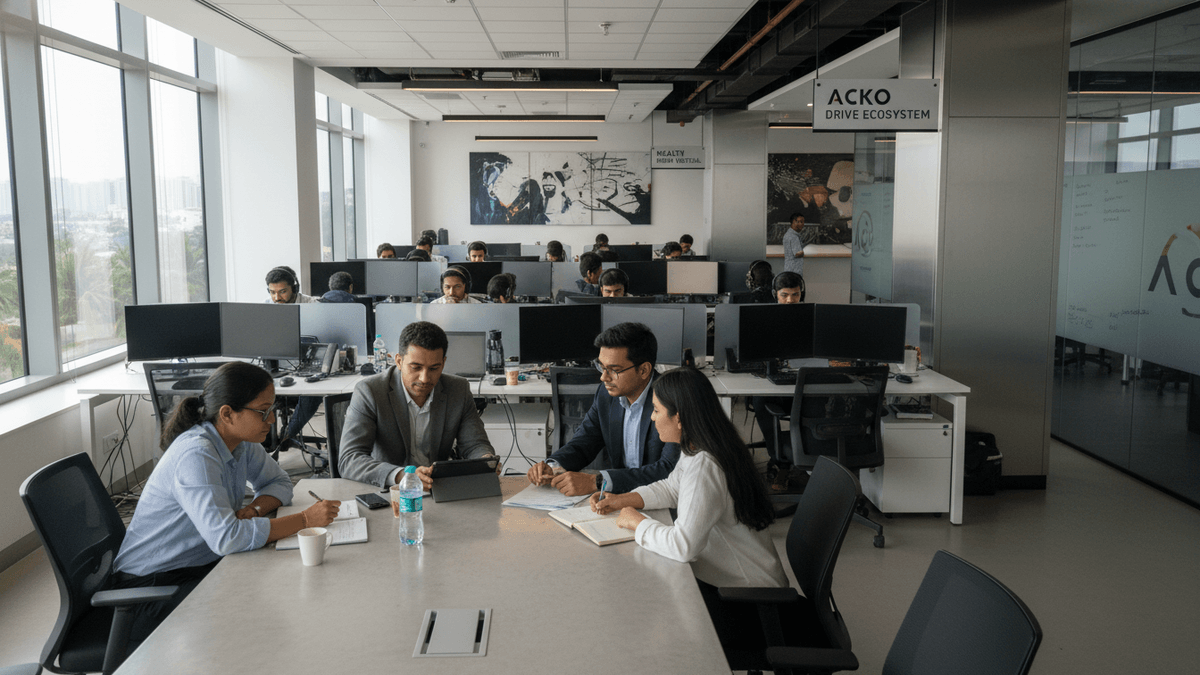 An open-plan office with employees at desks, four people seated around a conference table in the foreground.