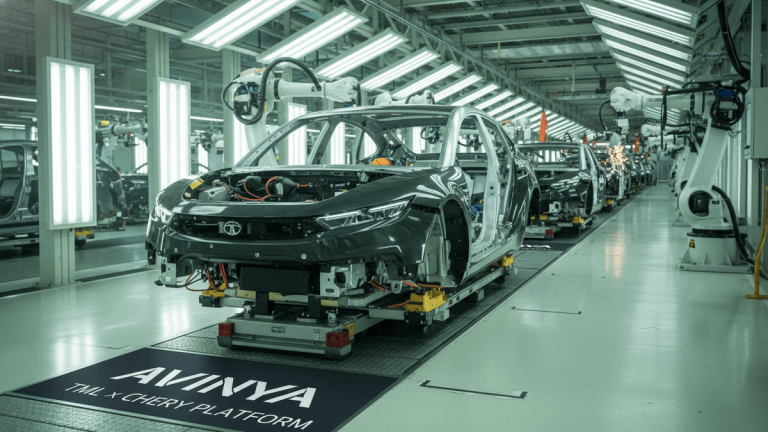 A dark gray electric vehicle body-in-white moves along a brightly lit factory assembly line. Robotics flank the car.
