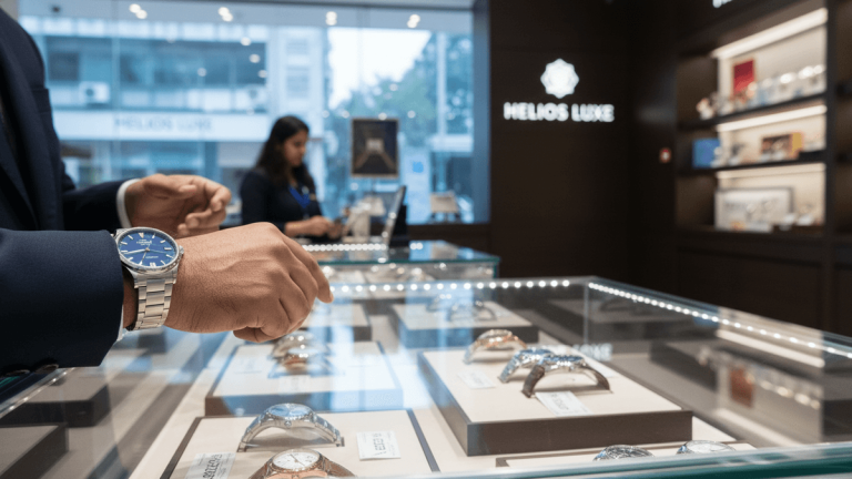 A customer's hands trying on a premium watch in a brightly lit watch store with display cases.