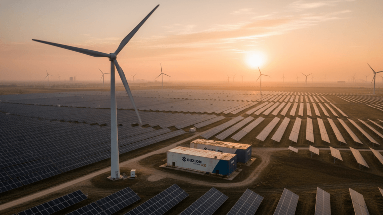 An aerial view of a large-scale hybrid renewable energy farm during a hazy sunrise, with wind turbines and solar panels.
