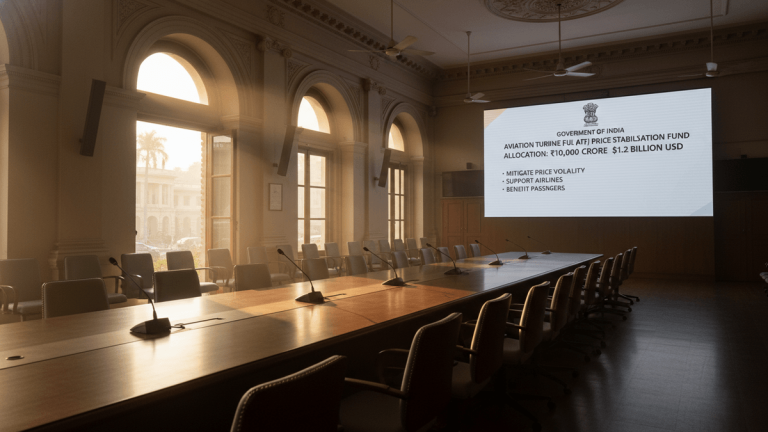 An empty, large meeting room with a long wooden table and chairs, illuminated by strong sunlight from tall arched windows. A projector displays text on a screen.