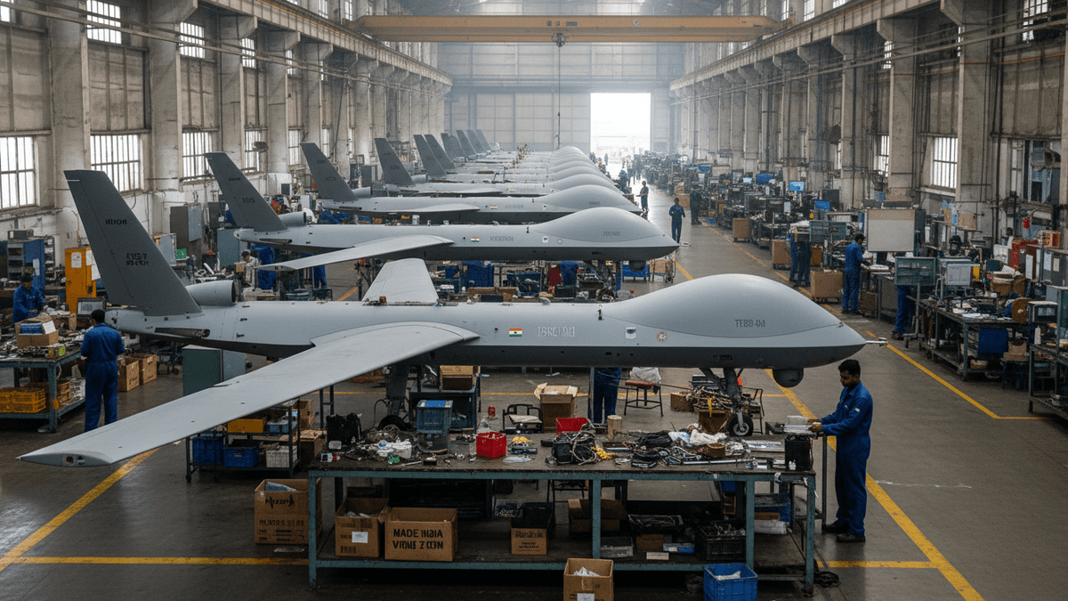 A wide shot inside a vast industrial hangar shows multiple large grey military drones in various stages of assembly.