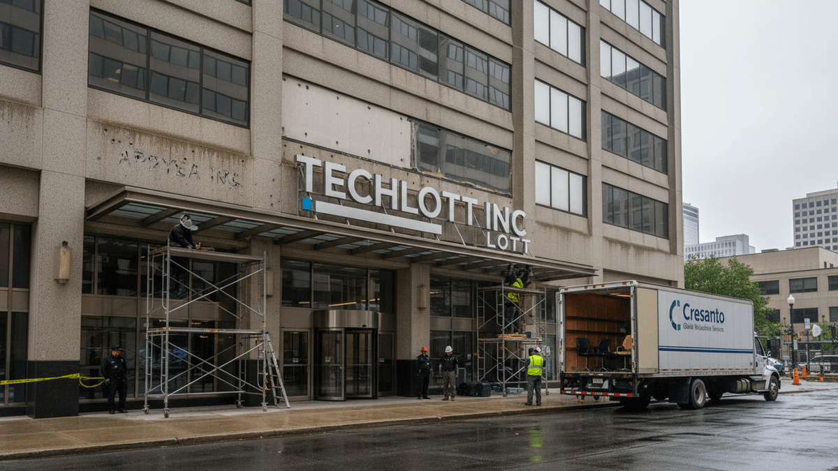 Wide shot of a corporate building facade with "TECHLOTT INC" being installed above the entrance. Workers are on scaffolding. A white Cresanto Global moving truck is parked in front, with the back open revealing office furniture.
