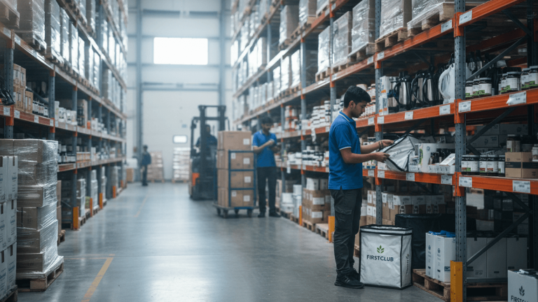 A man in a blue polo shirt is packing items into a white FirstClub branded delivery bag in a large warehouse aisle.