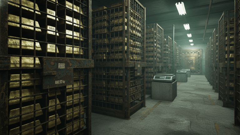 A long, dimly lit vault contains rows of tall, rusty metal cages filled with gleaming gold bars. Digital displays show "880.52 Kg".