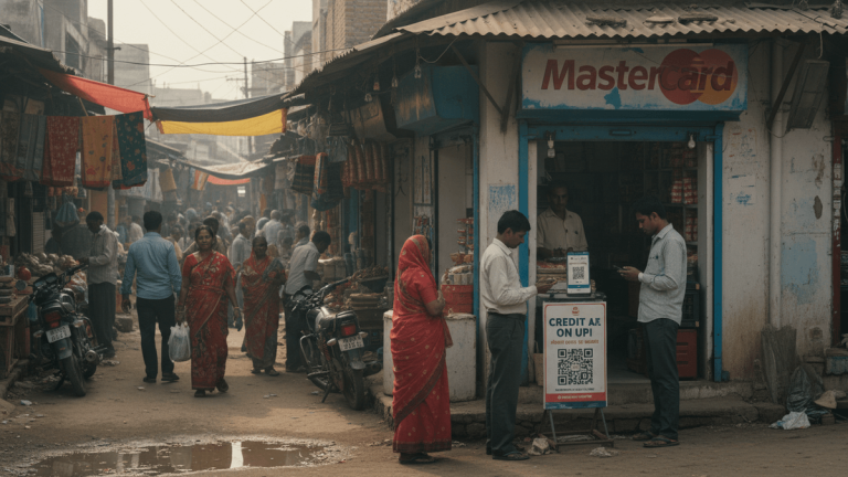 A Mastercard sign hangs above a small, open-front shop on a crowded, dusty market street in India.
