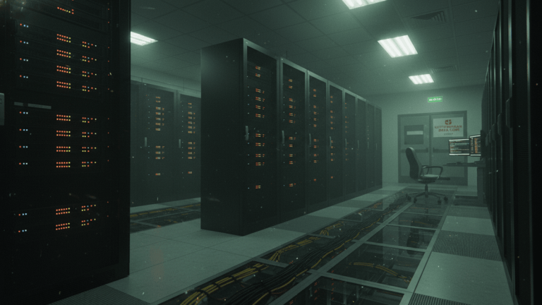A low-light view of a server room with racks of blinking servers, exposed cables underfoot, and a lone workstation.