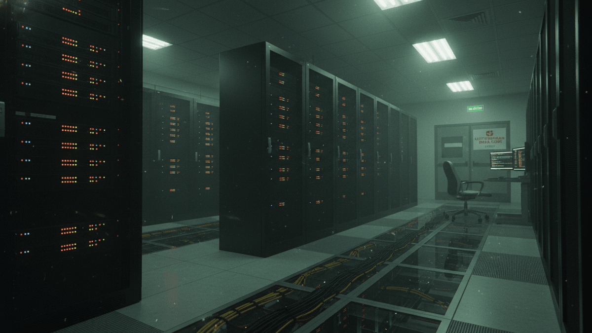 A low-light view of a server room with racks of blinking servers, exposed cables underfoot, and a lone workstation.