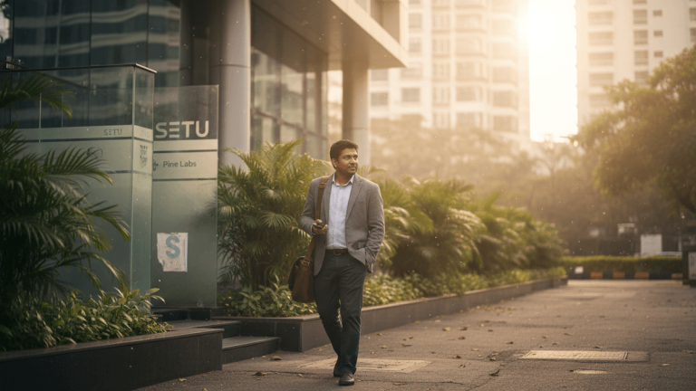 A man in a blazer and slacks walks left-to-right past a modern glass office building with "SETU" branding.