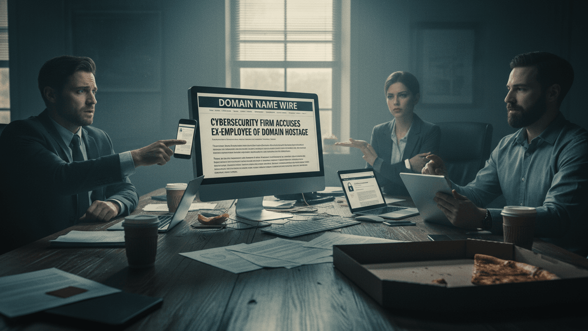 Three people around a conference table with glowing computer monitors, one showing a news article headline about a cybersecurity firm.