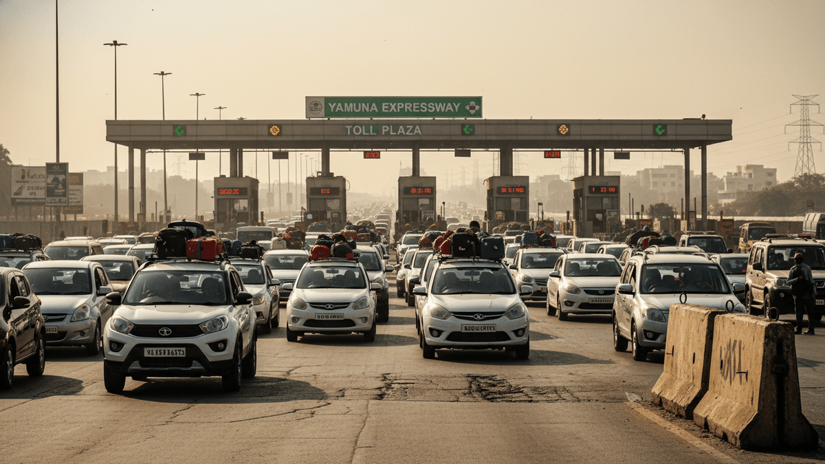 A wide shot of numerous cars, many with luggage strapped to their roofs, forming lines at a multi-lane toll plaza. The sky is hazy.