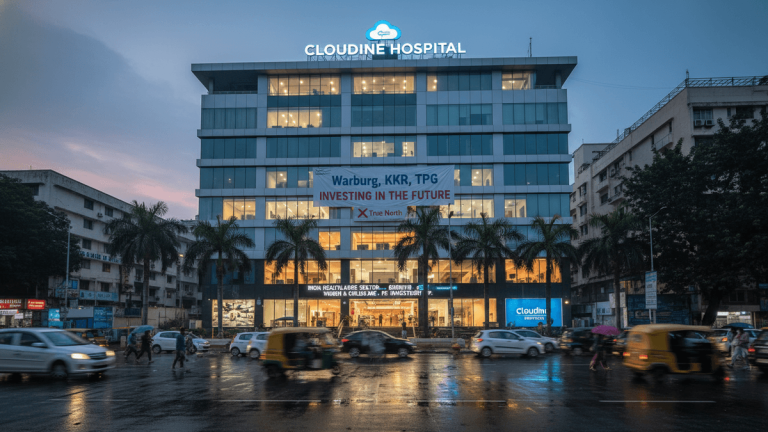 Exterior view of a multi-story Cloudnine Hospital building at dusk, with street traffic and pedestrians in front.
