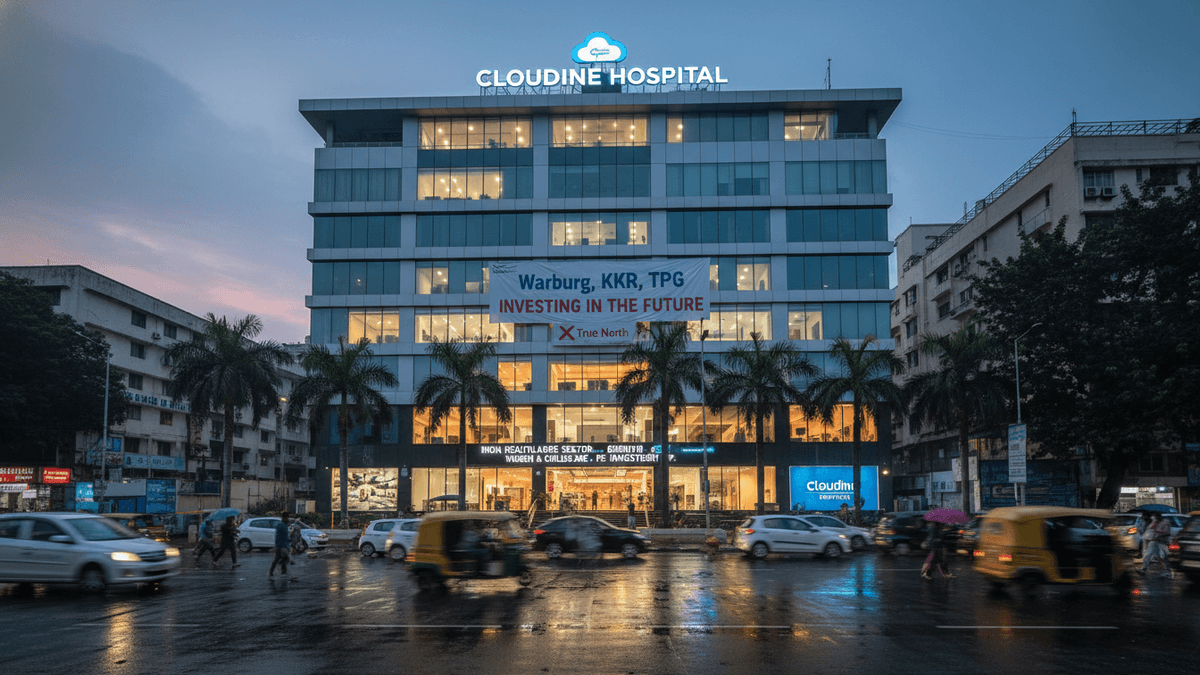 Exterior view of a multi-story Cloudnine Hospital building at dusk, with street traffic and pedestrians in front.