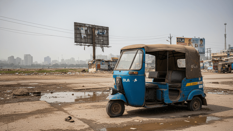 A worn blue Ola-branded auto-rickshaw sits on a dirt and gravel lot with puddles. In the background, a large billboard is visible, with power lines, urban haze, and distant buildings.