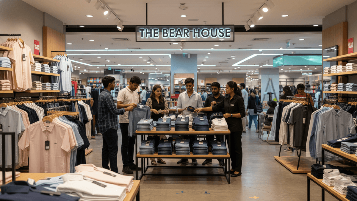 An interior shot of a well-lit clothing store. Several customers browse folded and hanging shirts and jeans, with a prominent "THE BEAR HOUSE" sign overhead.