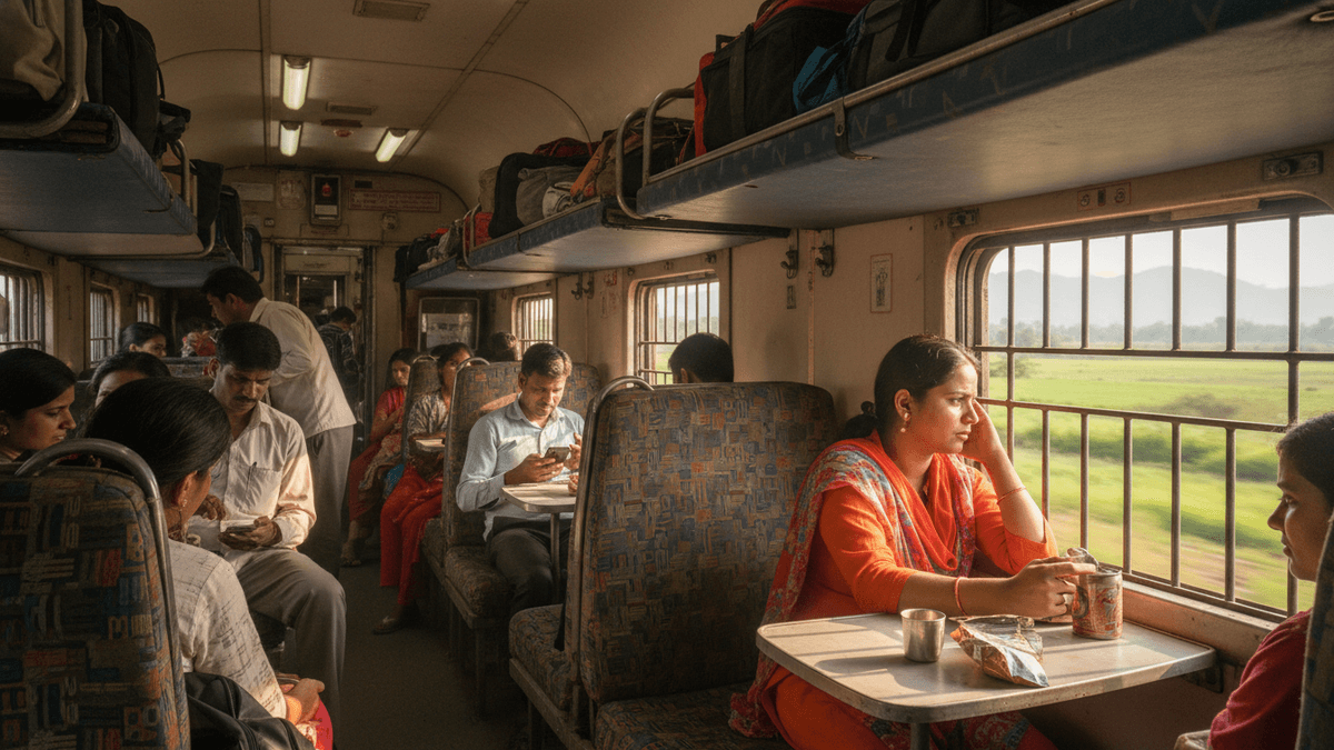 Inside a crowded Indian train, passengers seated, some looking out barred windows at passing green fields. Luggage on overhead racks.
