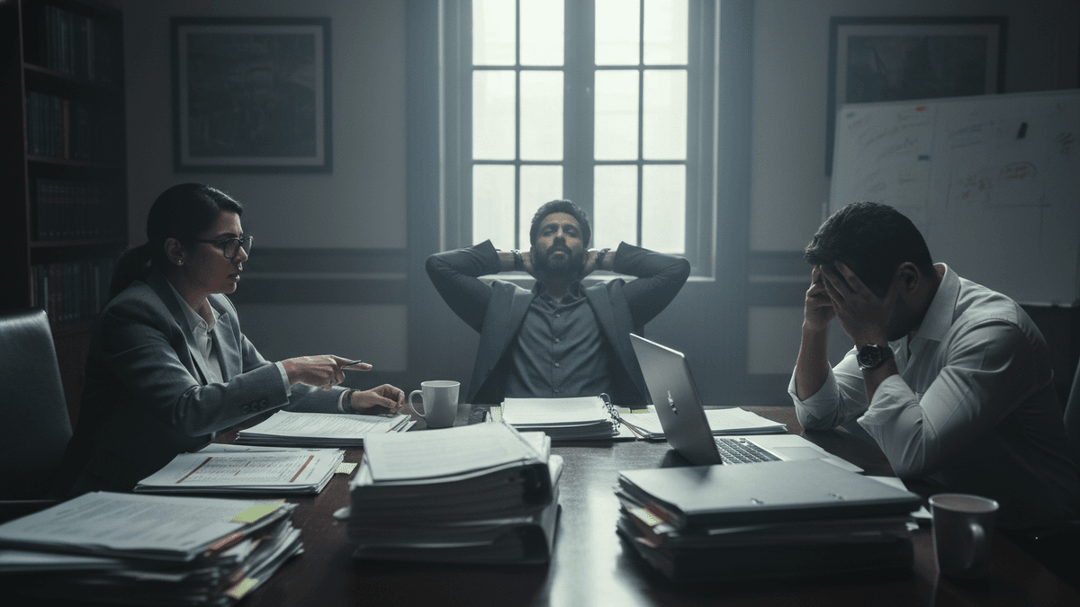 Three people in a dimly lit office, two at a large wooden table with stacks of papers, one leans back with hands behind head.