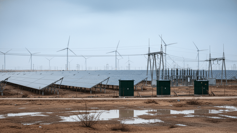 A wide shot of a solar farm with rows of photovoltaic panels, power lines, and wind turbines in the distance. The ground is dry earth with scattered puddles.