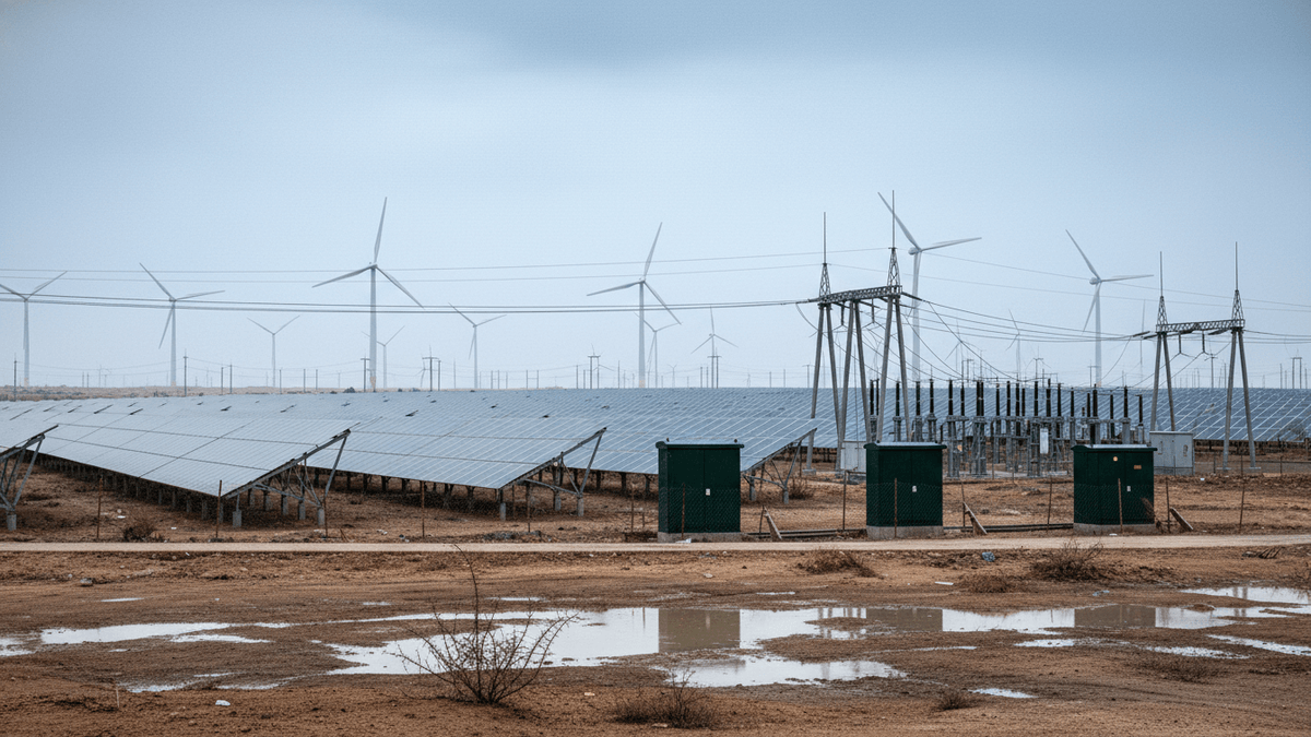 A wide shot of a solar farm with rows of photovoltaic panels, power lines, and wind turbines in the distance. The ground is dry earth with scattered puddles.