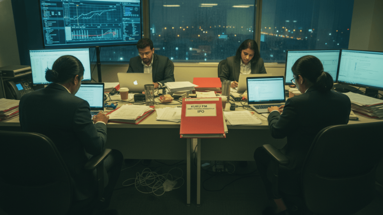 Four people in business attire work at desks in a dimly lit office at night, illuminated by computer screens and city lights outside.