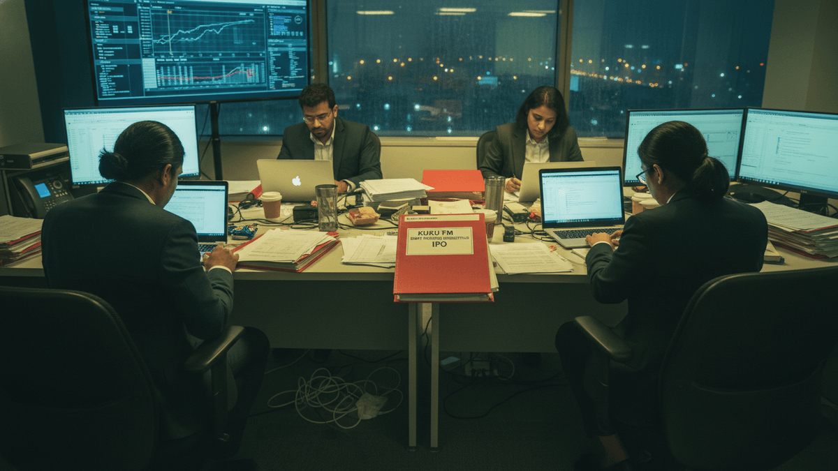 Four people in business attire work at desks in a dimly lit office at night, illuminated by computer screens and city lights outside.